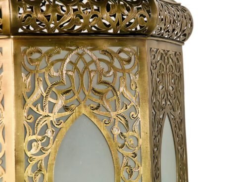 Golden Moroccan Lantern with Frosted Glass Panels – Hand-Pierced Elegance