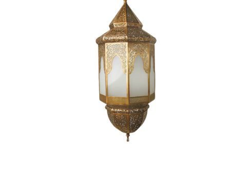 Golden Moroccan Lantern with Frosted Glass Panels – Hand-Pierced Elegance