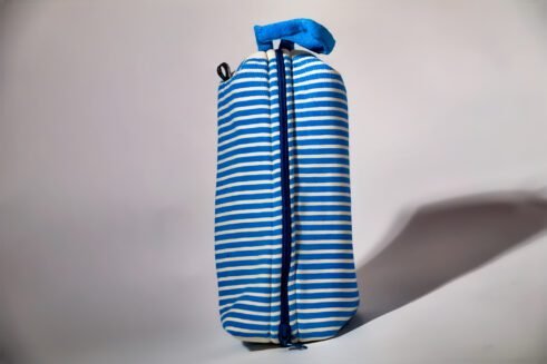 Blue and white striped cosmetic pouch with a zipper closure and a small handle.