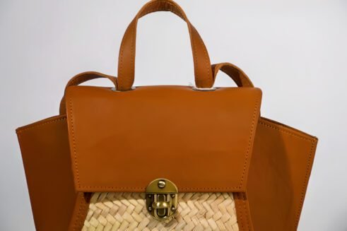 A stylish, handcrafted leather and woven material backpack with a brass clasp, set against a neutral background with a modern and elegant feel.