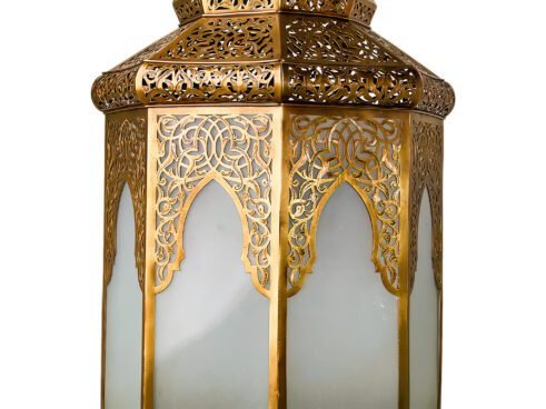 Golden Moroccan Lantern with Frosted Glass Panels – Hand-Pierced Elegance